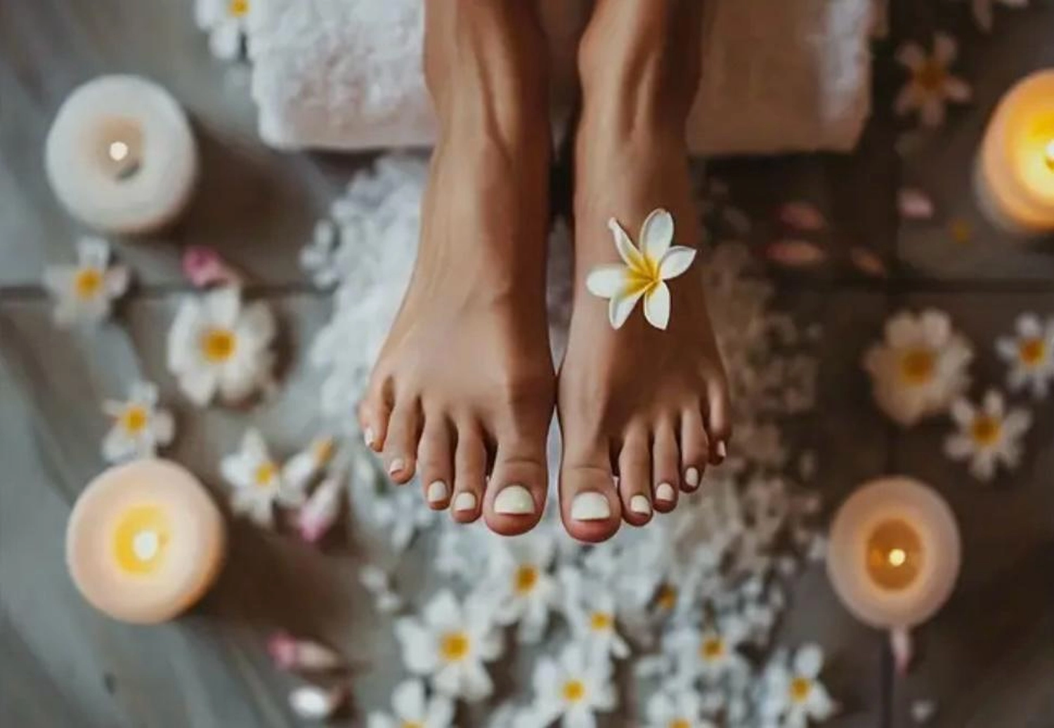 Beauty-Pavillion – Schönheitssalon – Spa-Pediküre. Eine Pediküre ist eine kosmetische Behandlung für Füße und Zehennägel. Die abgebildete Umgebung ist ein entspannendes Spa. Beauty-Pavillion – Schönheitssalon –